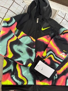 Nike Black Hooded Windbreaker with Neon Yellow, Pink & Mint Wave Print